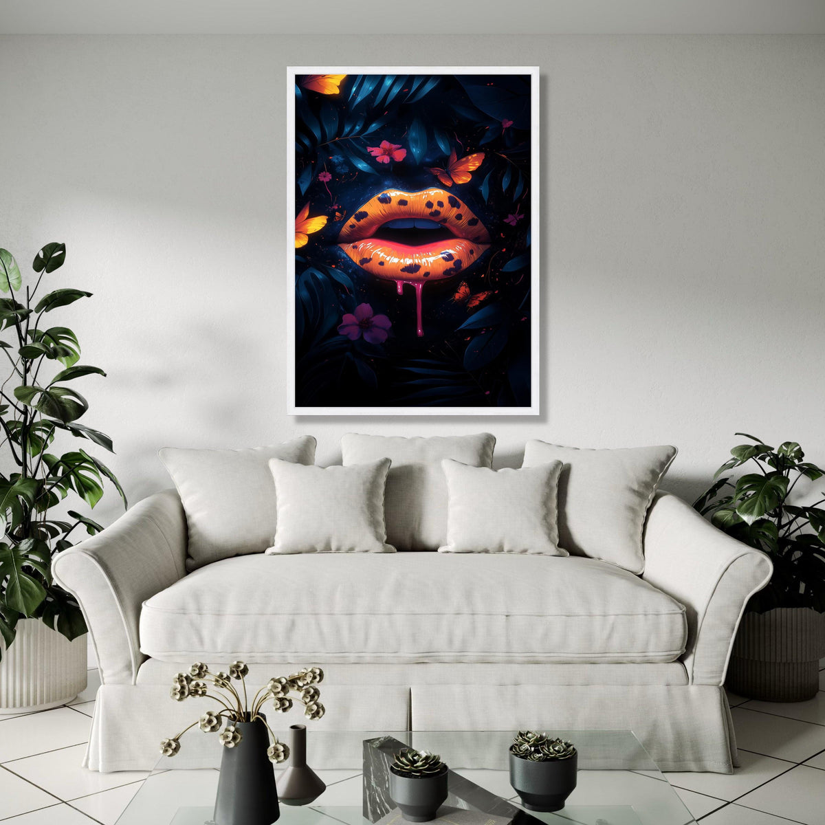 Bold Leopard Print Lips Canvas, Neon Orange Lip Art, Butterfly Floral Wall Decor, Dark Botanical Canvas, Modern Gift Art, Home Decor, Print