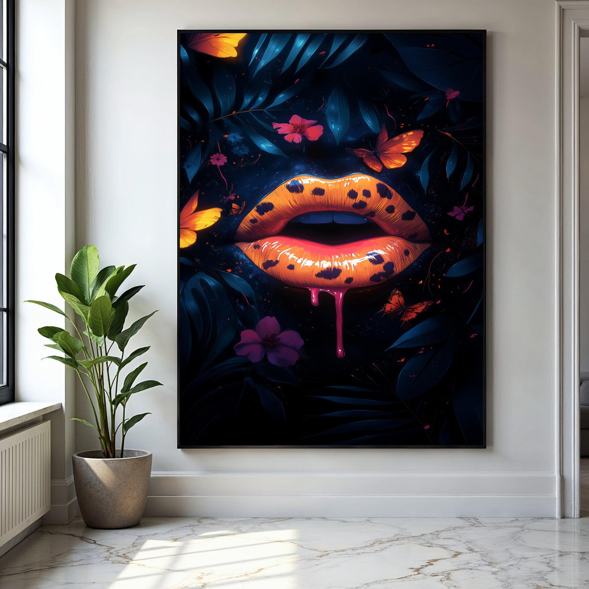 Bold Leopard Print Lips Canvas, Neon Orange Lip Art, Butterfly Floral Wall Decor, Dark Botanical Canvas, Modern Gift Art, Home Decor, Print