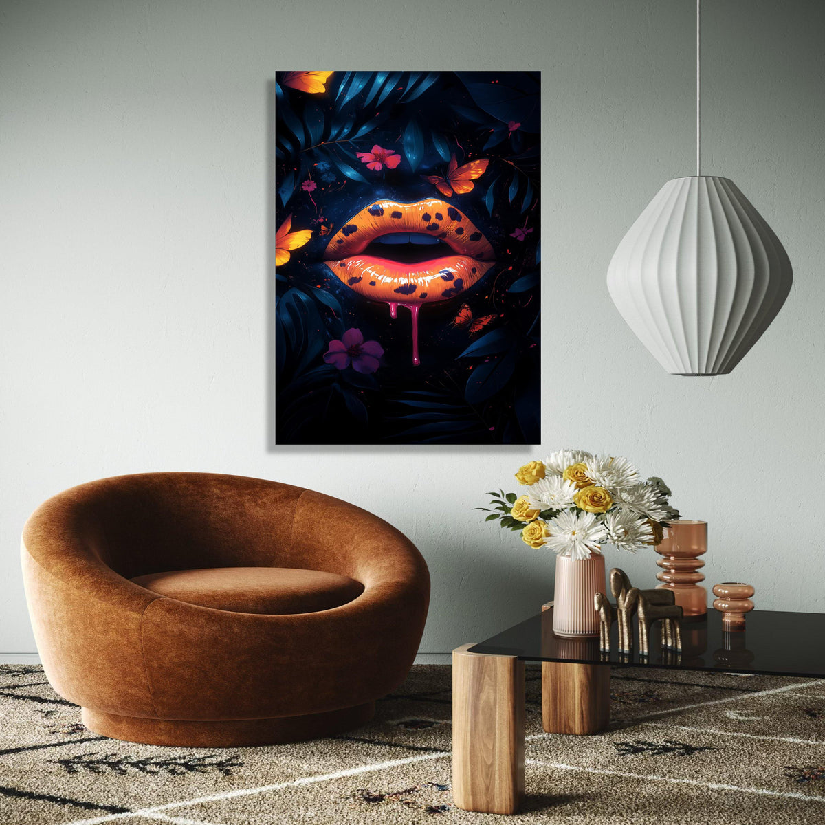 Bold Leopard Print Lips Canvas, Neon Orange Lip Art, Butterfly Floral Wall Decor, Dark Botanical Canvas, Modern Gift Art, Home Decor, Print