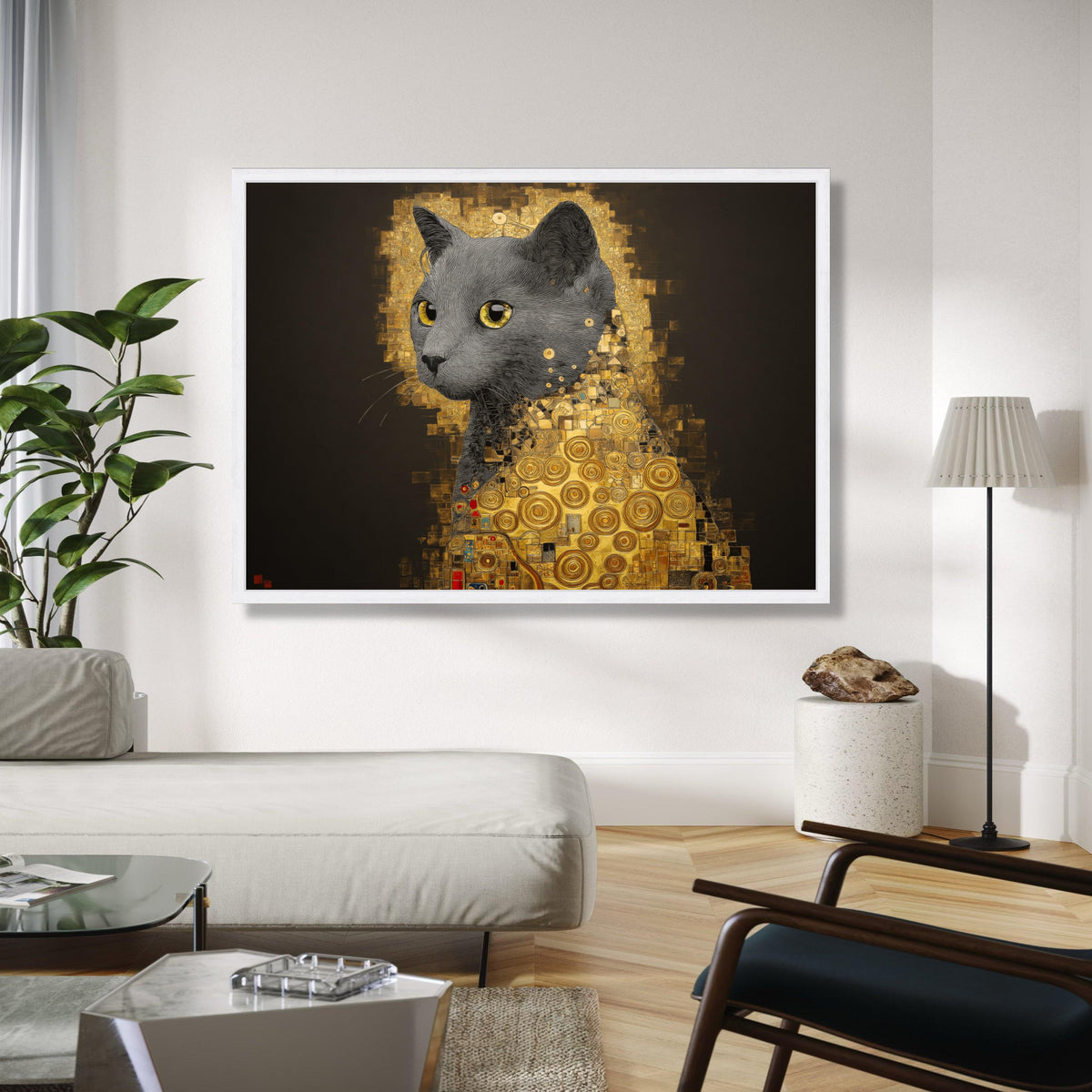 Abstract Golden Cat Portrait Canvas, Modern Geometric Cat Art, Yellow Eyes Wall Art, Contemporary Animal Canvas, Gift Art, Home Decor, Print