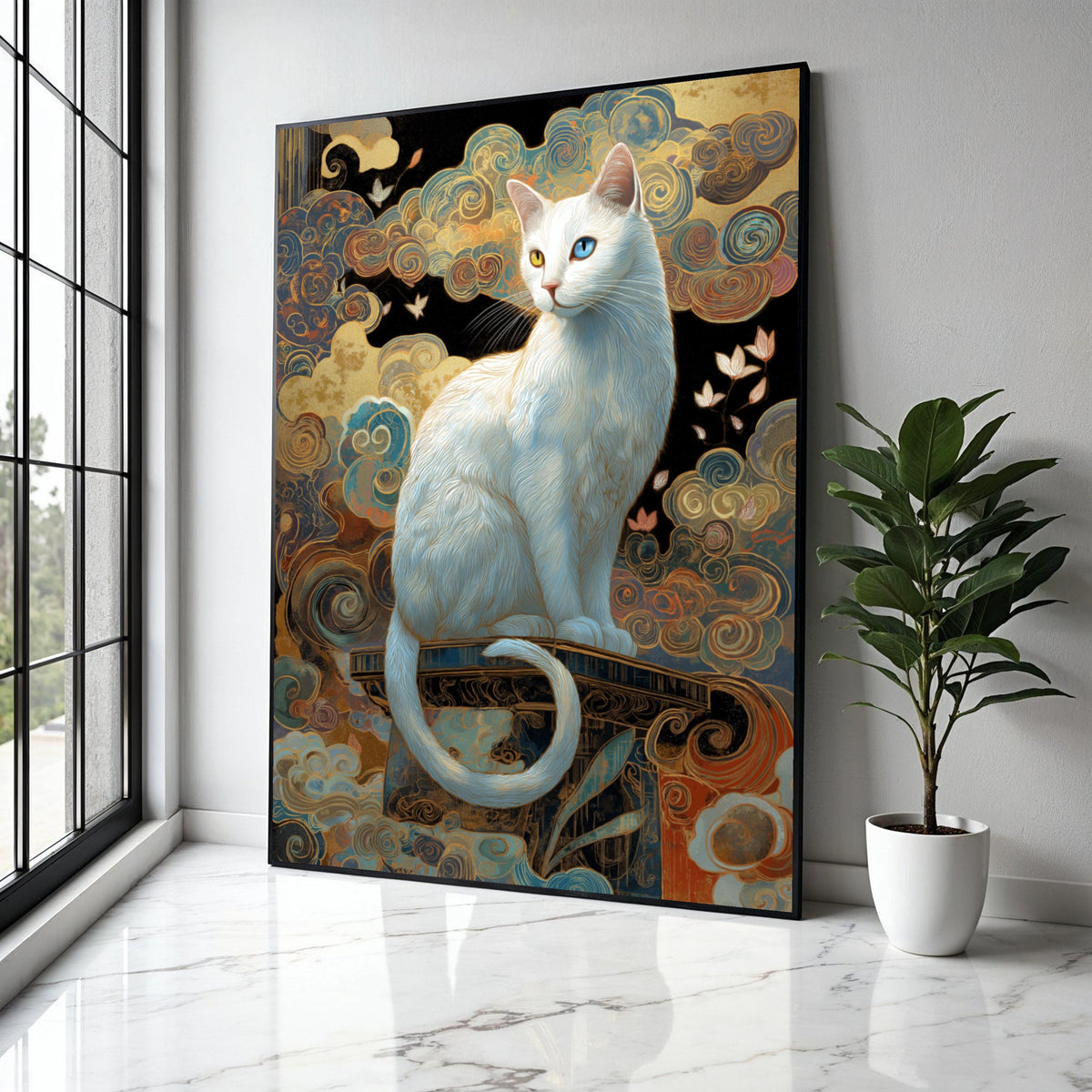 Mystical White Cat Canvas Wall Art, Heterochromia Cat Portrait, Whimsical Swirls Background, Fantasy Home Gift Art, Home Decor, Print