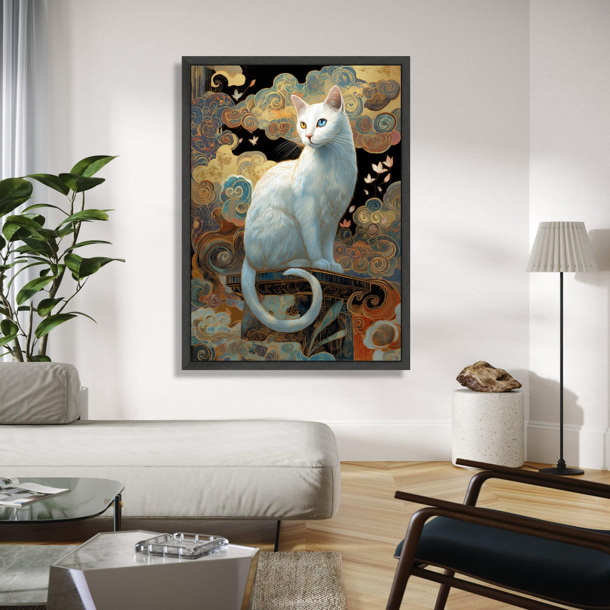 Mystical White Cat Canvas Wall Art, Heterochromia Cat Portrait, Whimsical Swirls Background, Fantasy Home Gift Art, Home Decor, Print