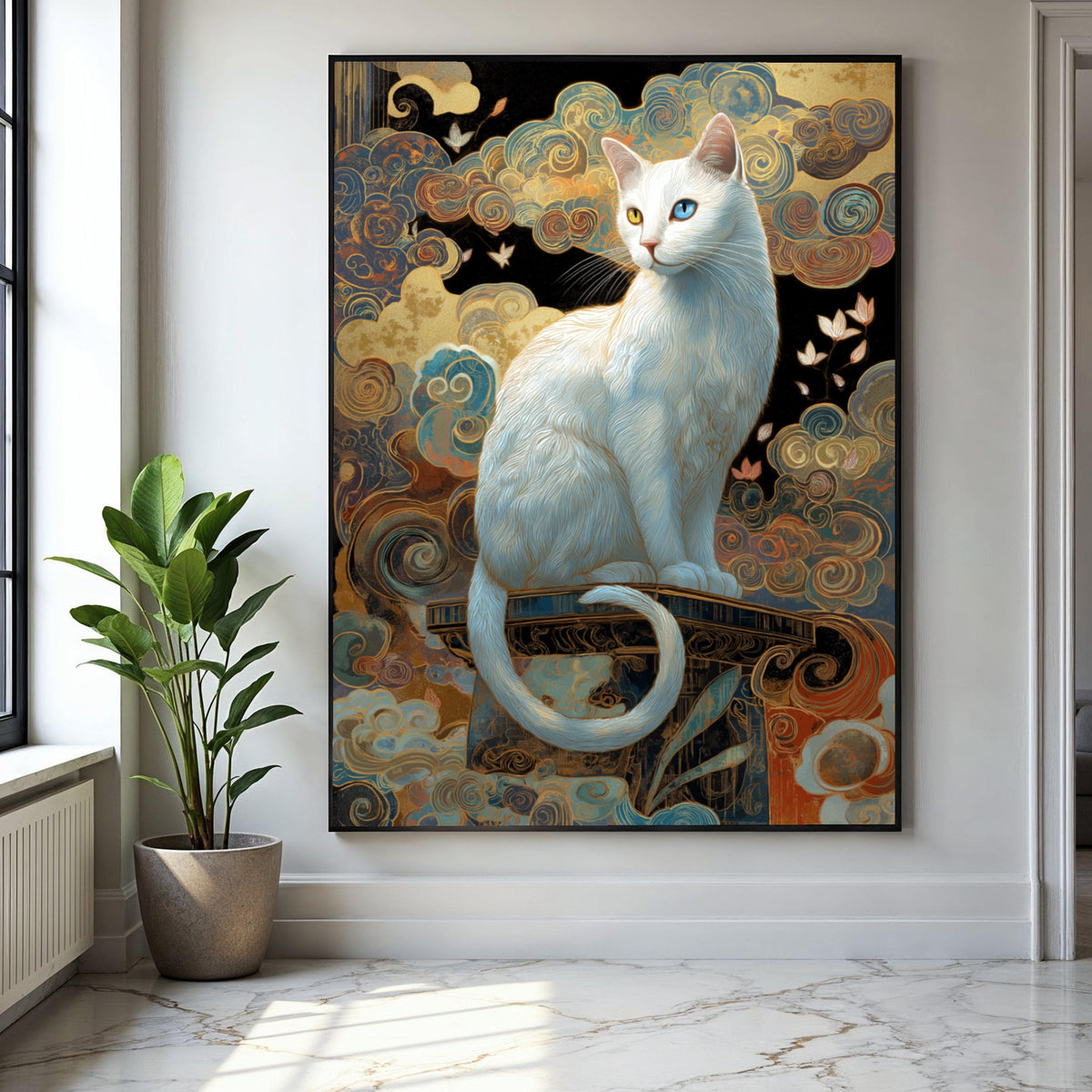 Mystical White Cat Canvas Wall Art, Heterochromia Cat Portrait, Whimsical Swirls Background, Fantasy Home Gift Art, Home Decor, Print