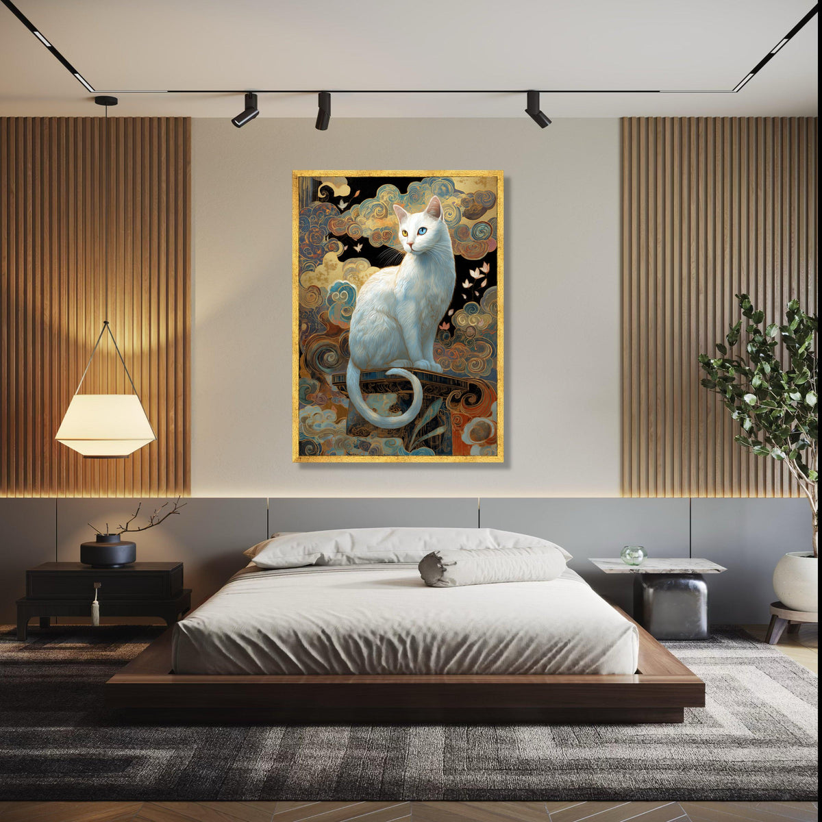 Mystical White Cat Canvas Wall Art, Heterochromia Cat Portrait, Whimsical Swirls Background, Fantasy Home Gift Art, Home Decor, Print