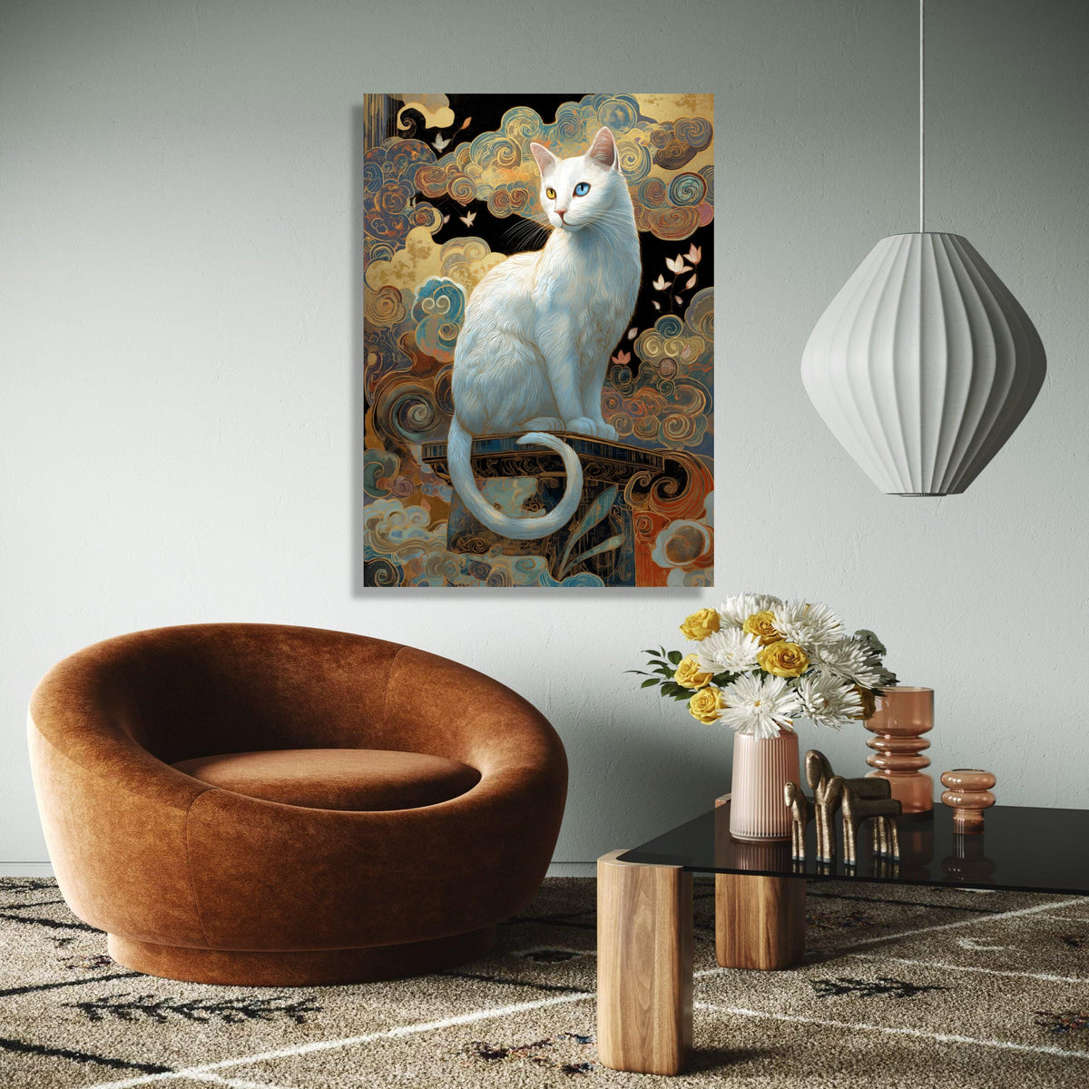 Mystical White Cat Canvas Wall Art, Heterochromia Cat Portrait, Whimsical Swirls Background, Fantasy Home Gift Art, Home Decor, Print