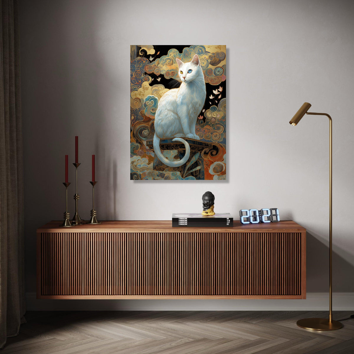 Mystical White Cat Canvas Wall Art, Heterochromia Cat Portrait, Whimsical Swirls Background, Fantasy Home Gift Art, Home Decor, Print