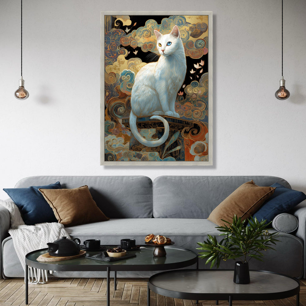 Mystical White Cat Canvas Wall Art, Heterochromia Cat Portrait, Whimsical Swirls Background, Fantasy Home Gift Art, Home Decor, Print