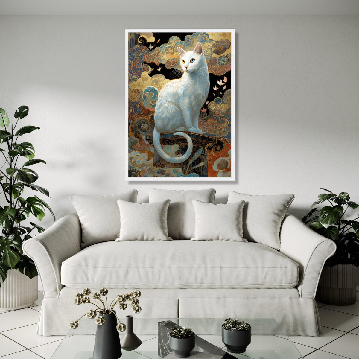 Mystical White Cat Canvas Wall Art, Heterochromia Cat Portrait, Whimsical Swirls Background, Fantasy Home Gift Art, Home Decor, Print