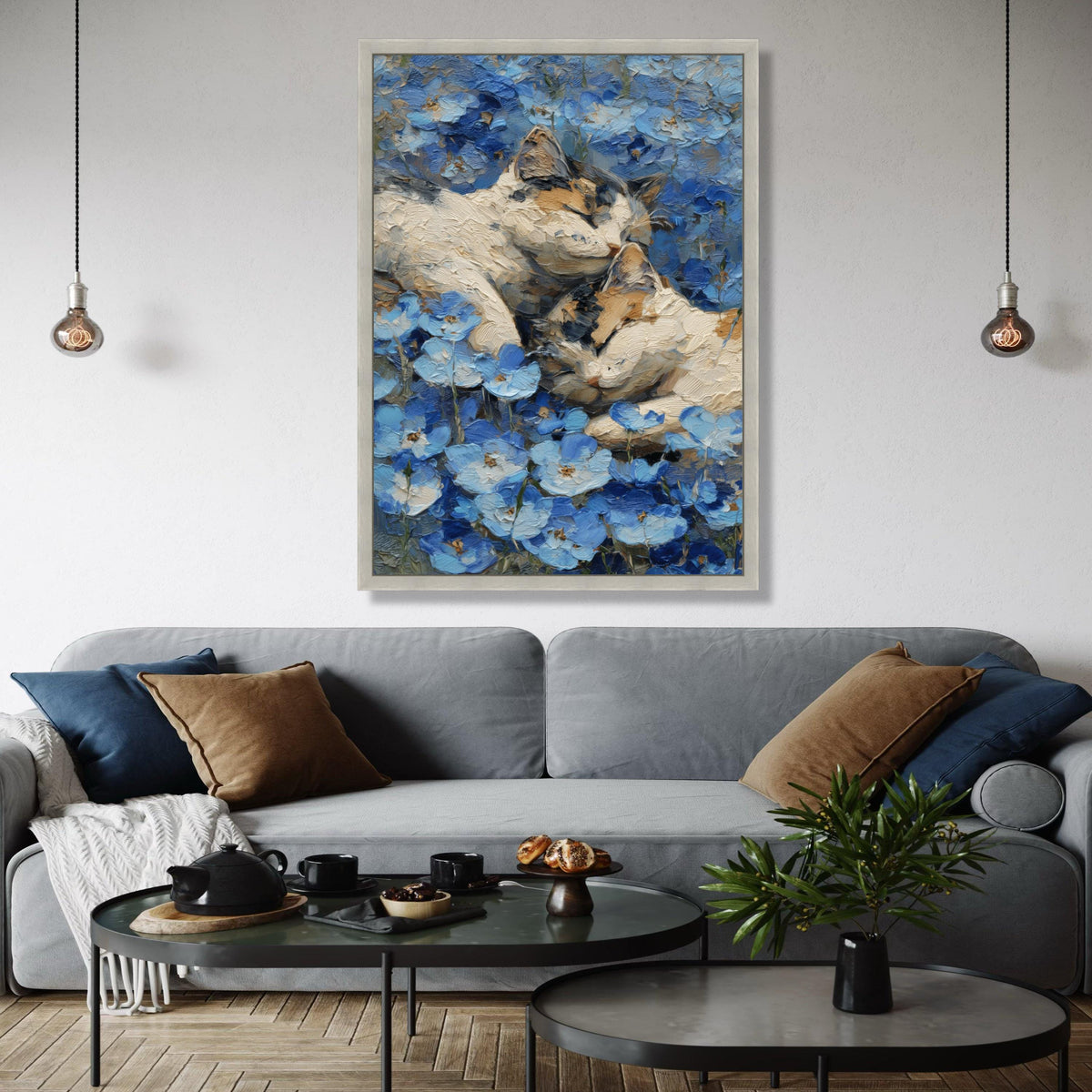 Peaceful Cats in Blue Flowers Canvas, Cozy Animal Wall Art, Nature Floral Painting, Calming Home Decor, Canvas Gift Art, Home Decor, Print
