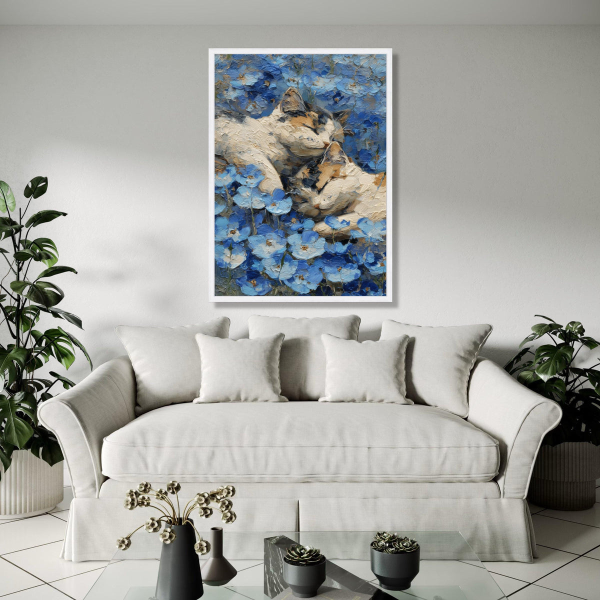 Peaceful Cats in Blue Flowers Canvas, Cozy Animal Wall Art, Nature Floral Painting, Calming Home Decor, Canvas Gift Art, Home Decor, Print