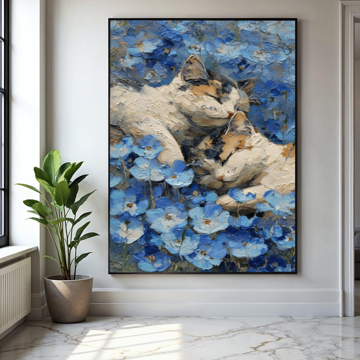 Peaceful Cats in Blue Flowers Canvas, Cozy Animal Wall Art, Nature Floral Painting, Calming Home Decor, Canvas Gift Art, Home Decor, Print
