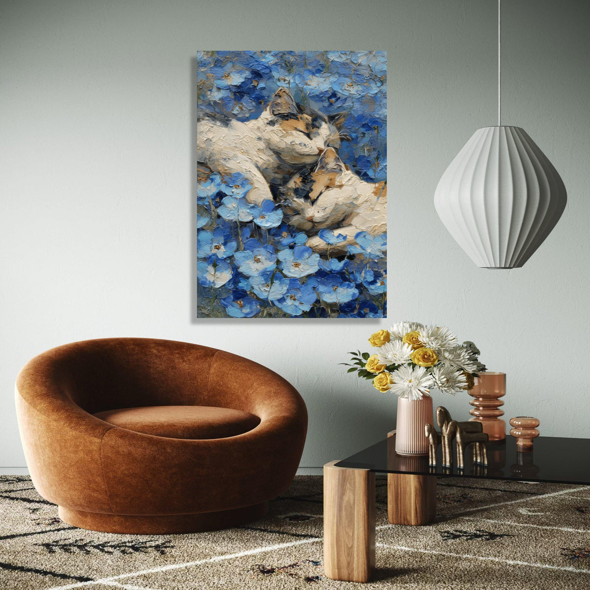Peaceful Cats in Blue Flowers Canvas, Cozy Animal Wall Art, Nature Floral Painting, Calming Home Decor, Canvas Gift Art, Home Decor, Print