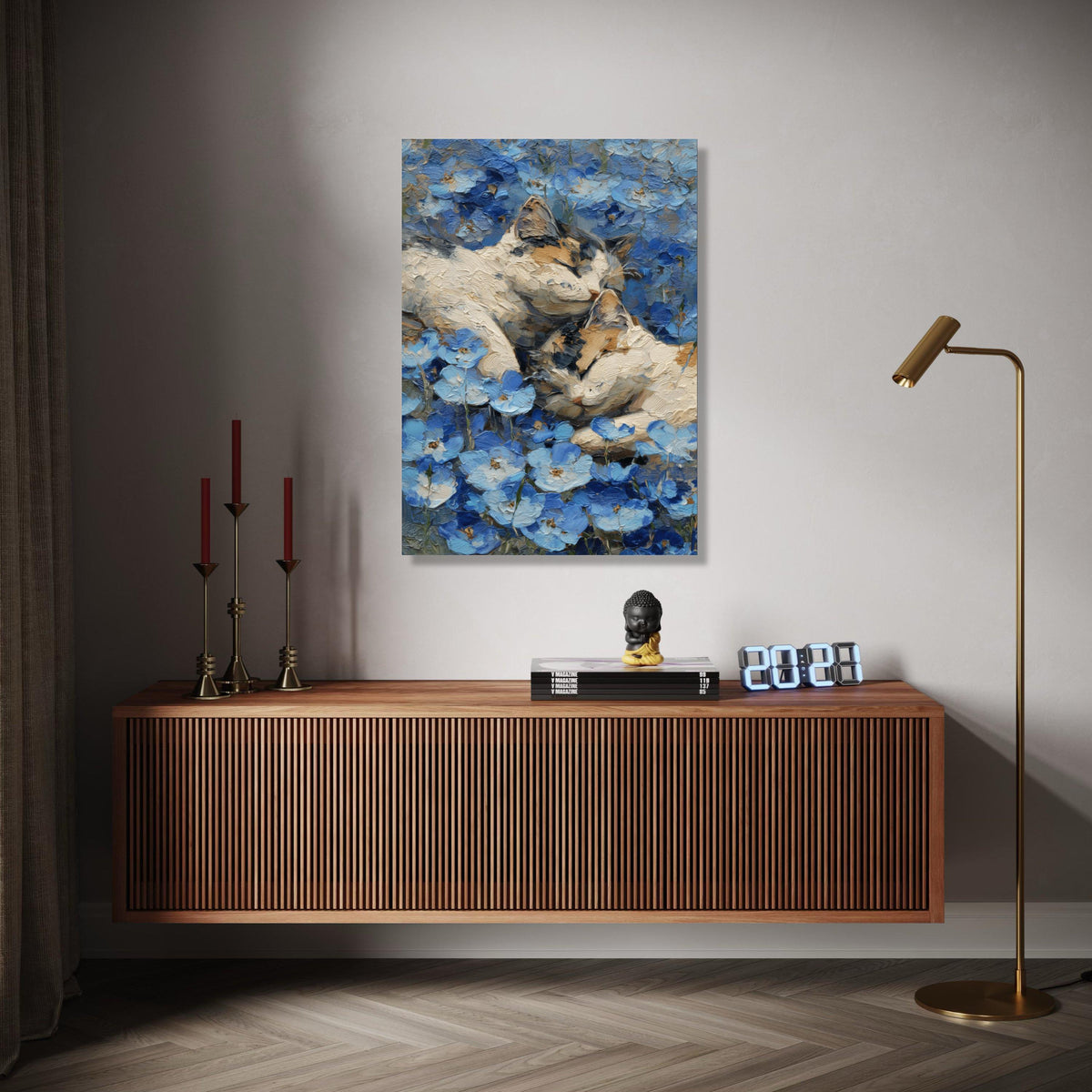 Peaceful Cats in Blue Flowers Canvas, Cozy Animal Wall Art, Nature Floral Painting, Calming Home Decor, Canvas Gift Art, Home Decor, Print