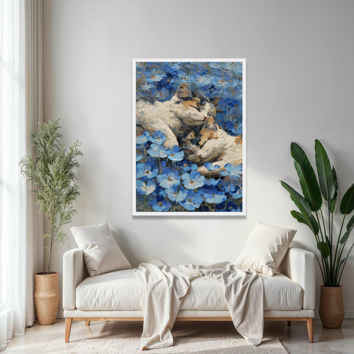 Peaceful Cats in Blue Flowers Canvas, Cozy Animal Wall Art, Nature Floral Painting, Calming Home Decor, Canvas Gift Art, Home Decor, Print