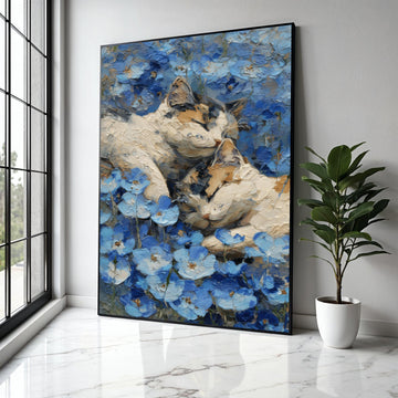 Peaceful Cats in Blue Flowers Canvas, Cozy Animal Wall Art, Nature Floral Painting, Calming Home Decor, Canvas Gift Art, Home Decor, Print