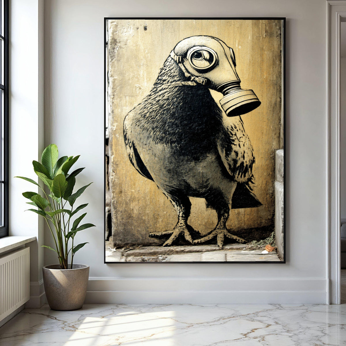 Urban Street Art Canvas, Bird with Gas Mask Design, Modern Graffiti Wall Art, Contemporary Canvas Decor, Gift Art, Home Decor, Print