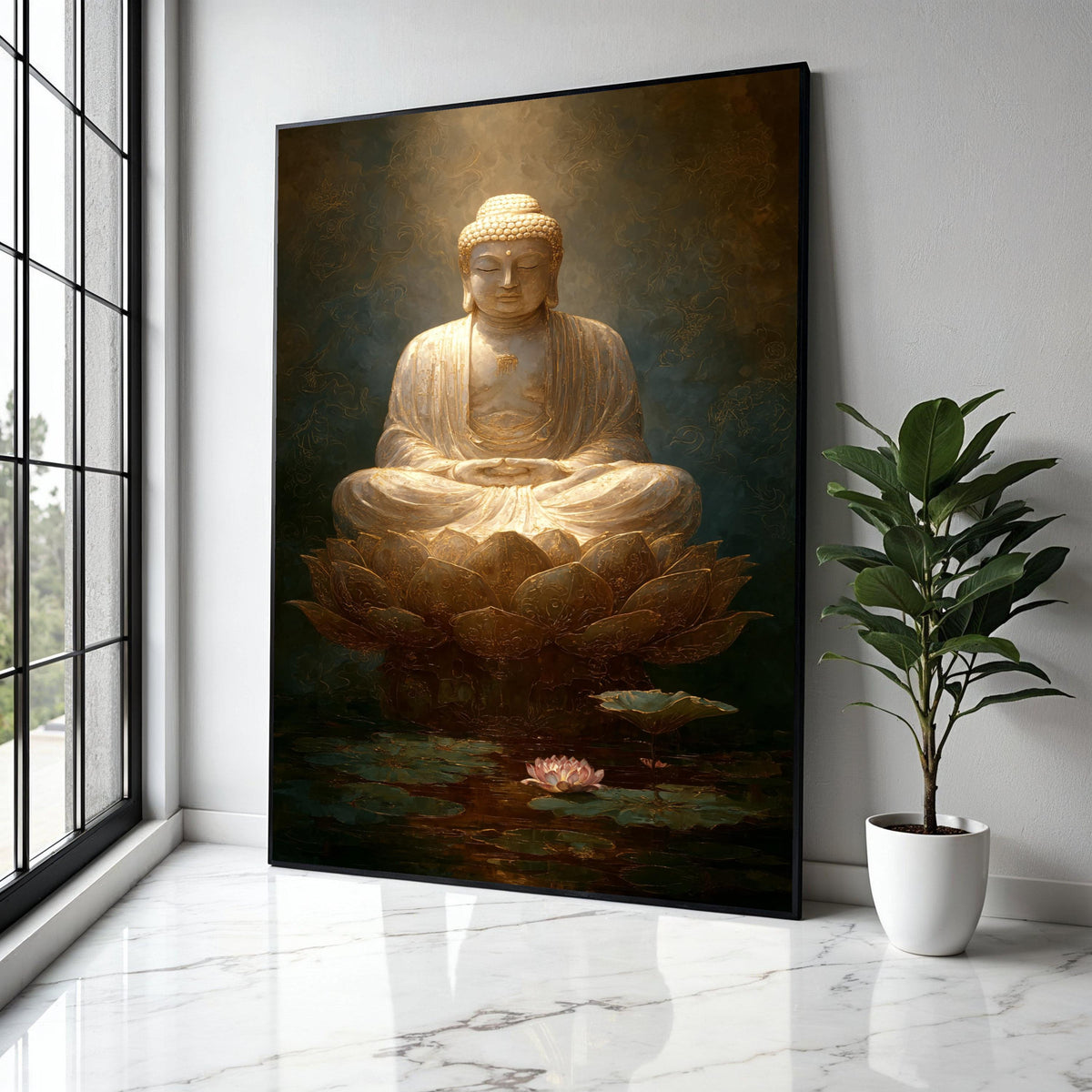 Golden Buddha Meditation Canvas, Lotus Flower Wall Art, Spiritual Home Decoration, Zen Buddhist Art Print, Gift Art, Home Decor, Print