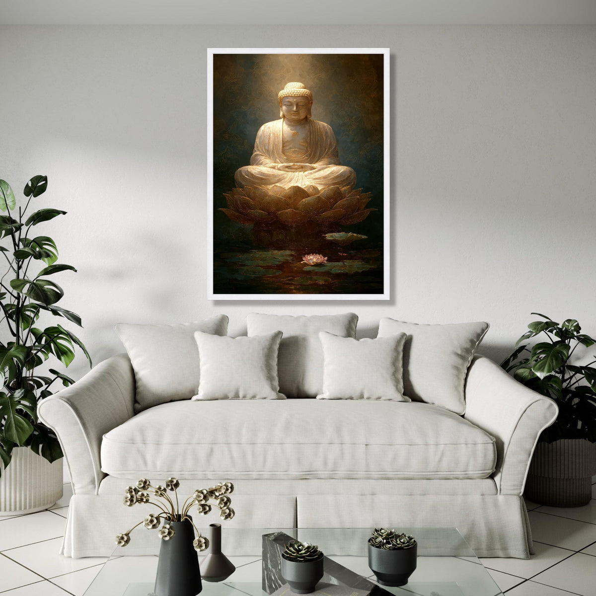 Golden Buddha Meditation Canvas, Lotus Flower Wall Art, Spiritual Home Decoration, Zen Buddhist Art Print, Gift Art, Home Decor, Print