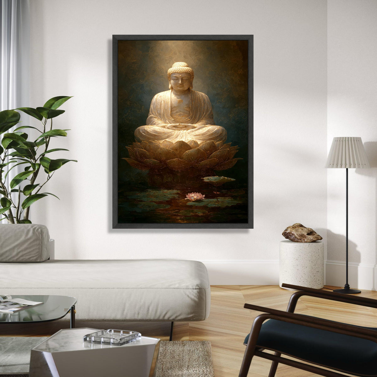 Golden Buddha Meditation Canvas, Lotus Flower Wall Art, Spiritual Home Decoration, Zen Buddhist Art Print, Gift Art, Home Decor, Print