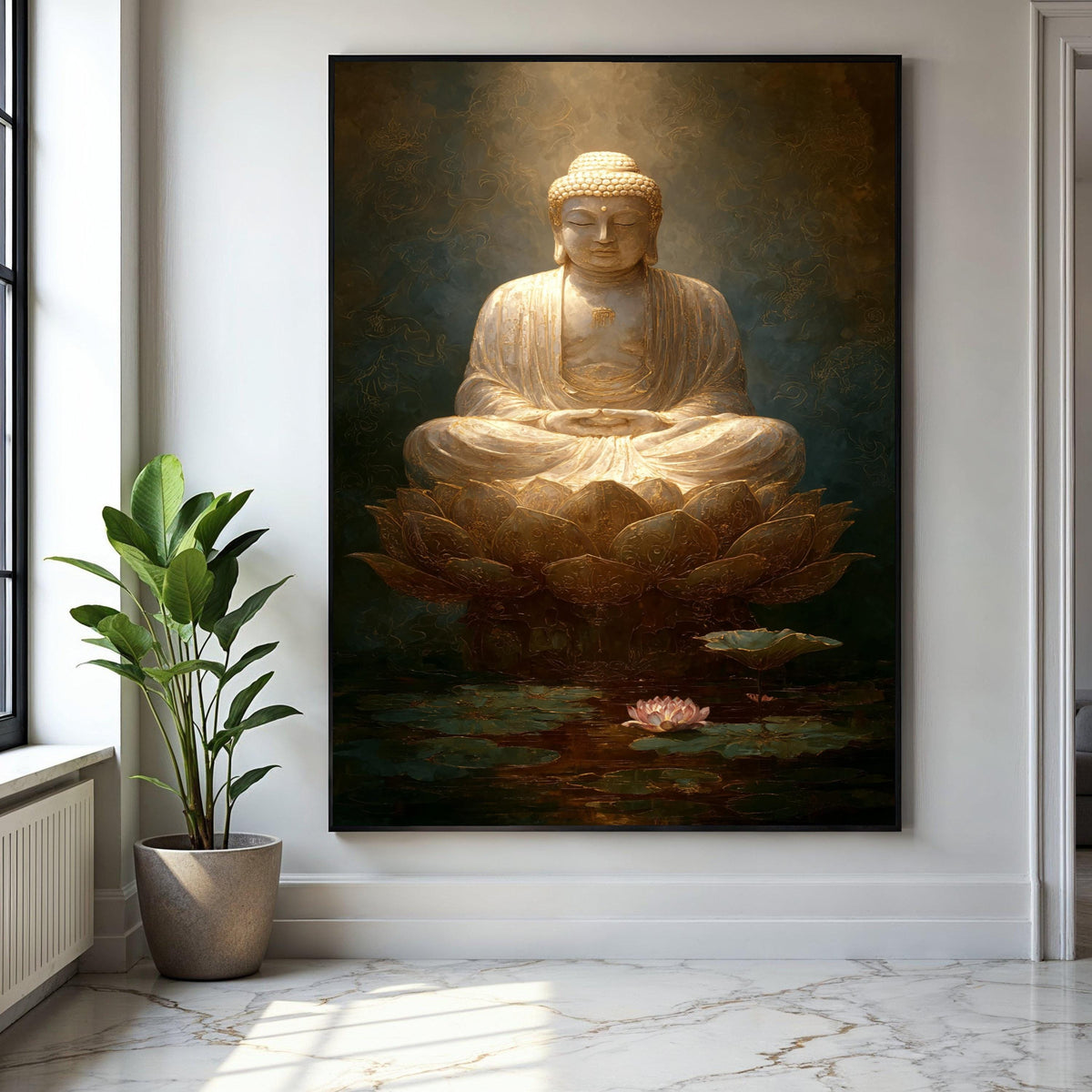 Golden Buddha Meditation Canvas, Lotus Flower Wall Art, Spiritual Home Decoration, Zen Buddhist Art Print, Gift Art, Home Decor, Print