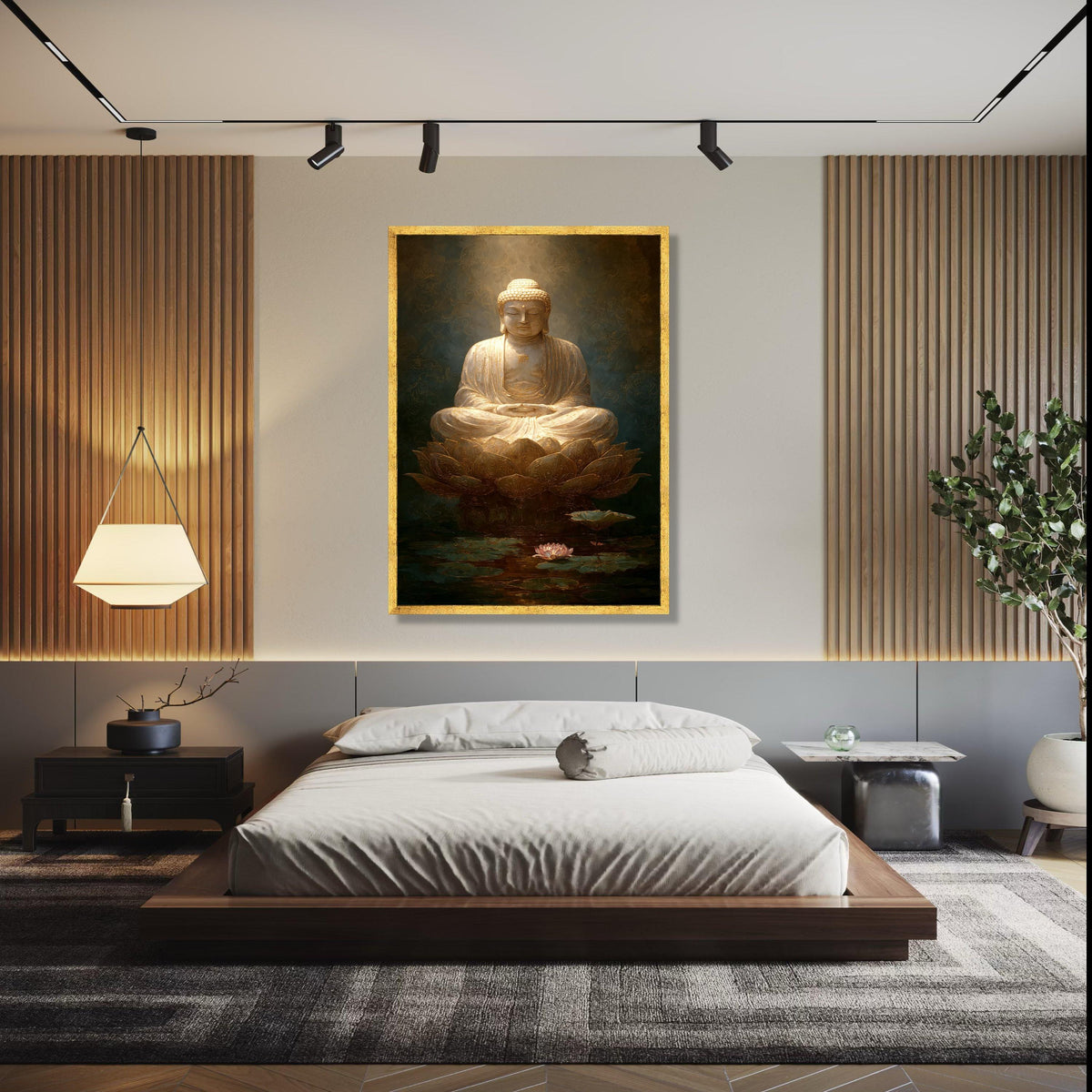 Golden Buddha Meditation Canvas, Lotus Flower Wall Art, Spiritual Home Decoration, Zen Buddhist Art Print, Gift Art, Home Decor, Print