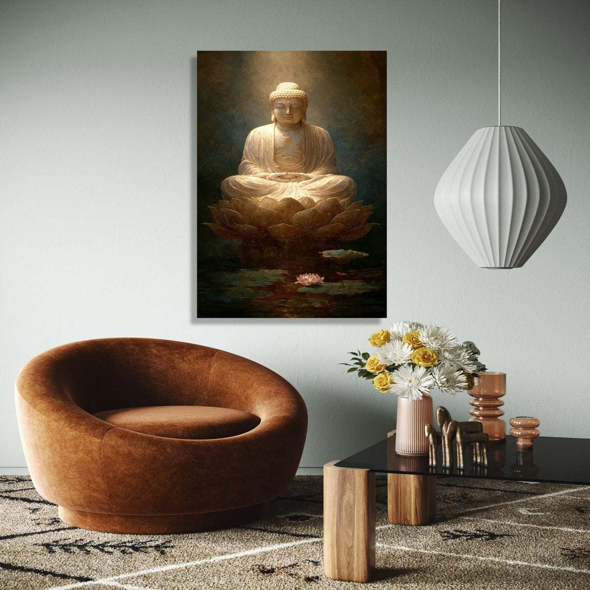 Golden Buddha Meditation Canvas, Lotus Flower Wall Art, Spiritual Home Decoration, Zen Buddhist Art Print, Gift Art, Home Decor, Print