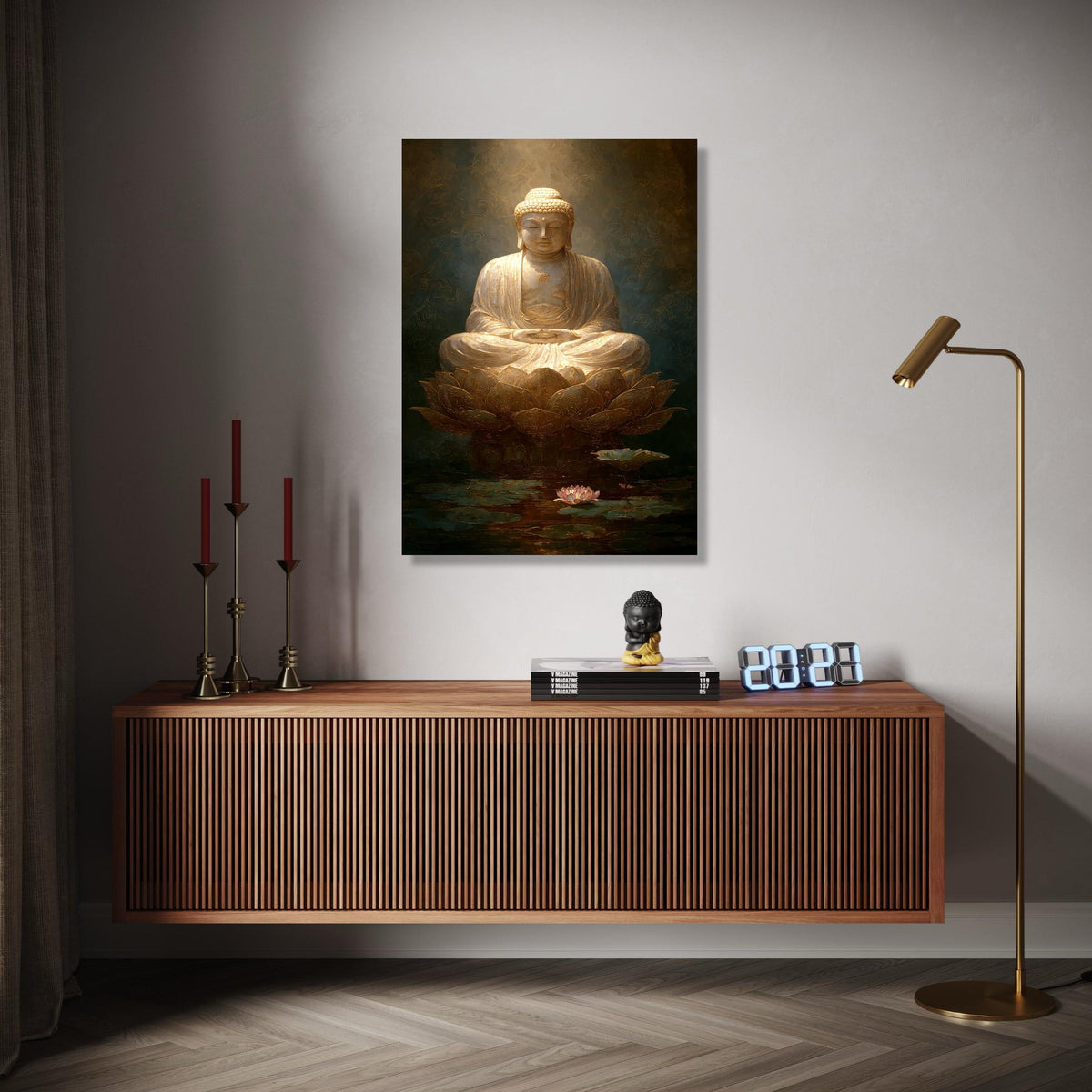 Golden Buddha Meditation Canvas, Lotus Flower Wall Art, Spiritual Home Decoration, Zen Buddhist Art Print, Gift Art, Home Decor, Print