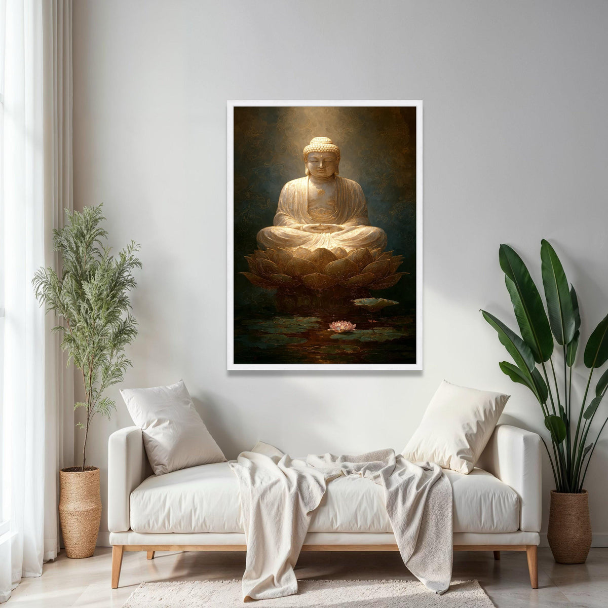 Golden Buddha Meditation Canvas, Lotus Flower Wall Art, Spiritual Home Decoration, Zen Buddhist Art Print, Gift Art, Home Decor, Print