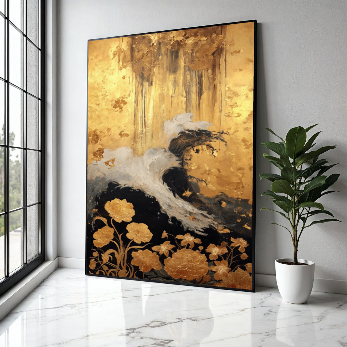 Elegant Abstract Gold and Black Floral Canvas, Modern Wall Art, Metallic Leaf Accent, Luxury Home Decoration, Gift Art, Home Decor, Print