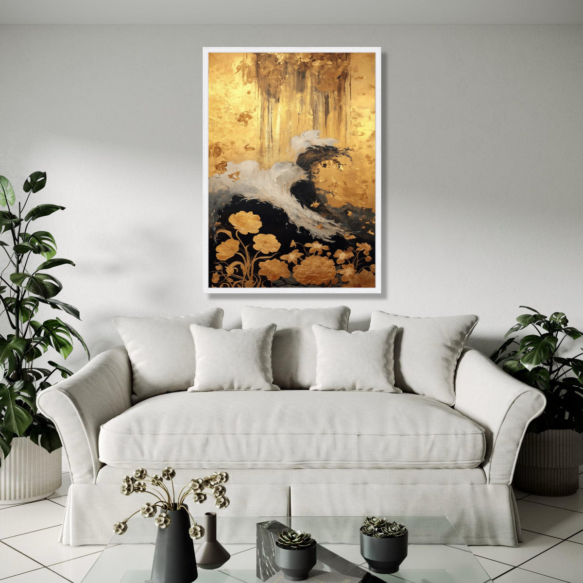 Elegant Abstract Gold and Black Floral Canvas, Modern Wall Art, Metallic Leaf Accent, Luxury Home Decoration, Gift Art, Home Decor, Print