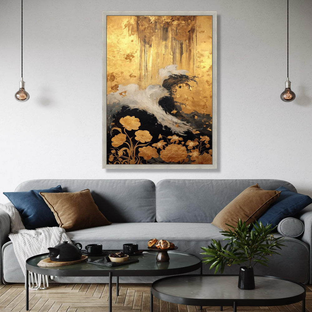 Elegant Abstract Gold and Black Floral Canvas, Modern Wall Art, Metallic Leaf Accent, Luxury Home Decoration, Gift Art, Home Decor, Print