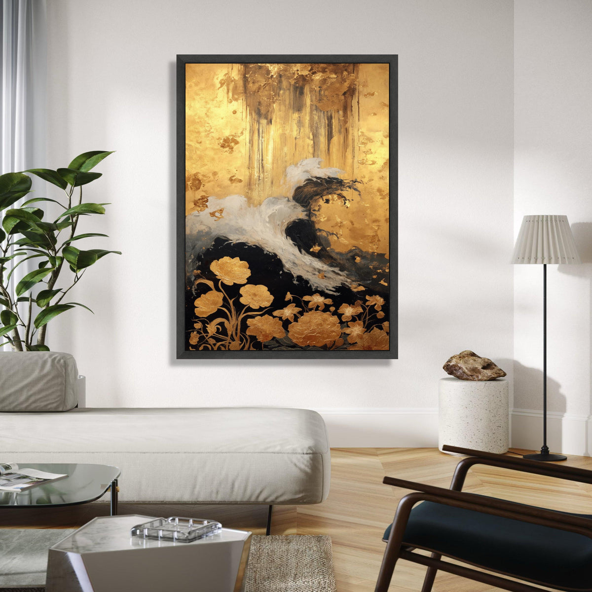 Elegant Abstract Gold and Black Floral Canvas, Modern Wall Art, Metallic Leaf Accent, Luxury Home Decoration, Gift Art, Home Decor, Print