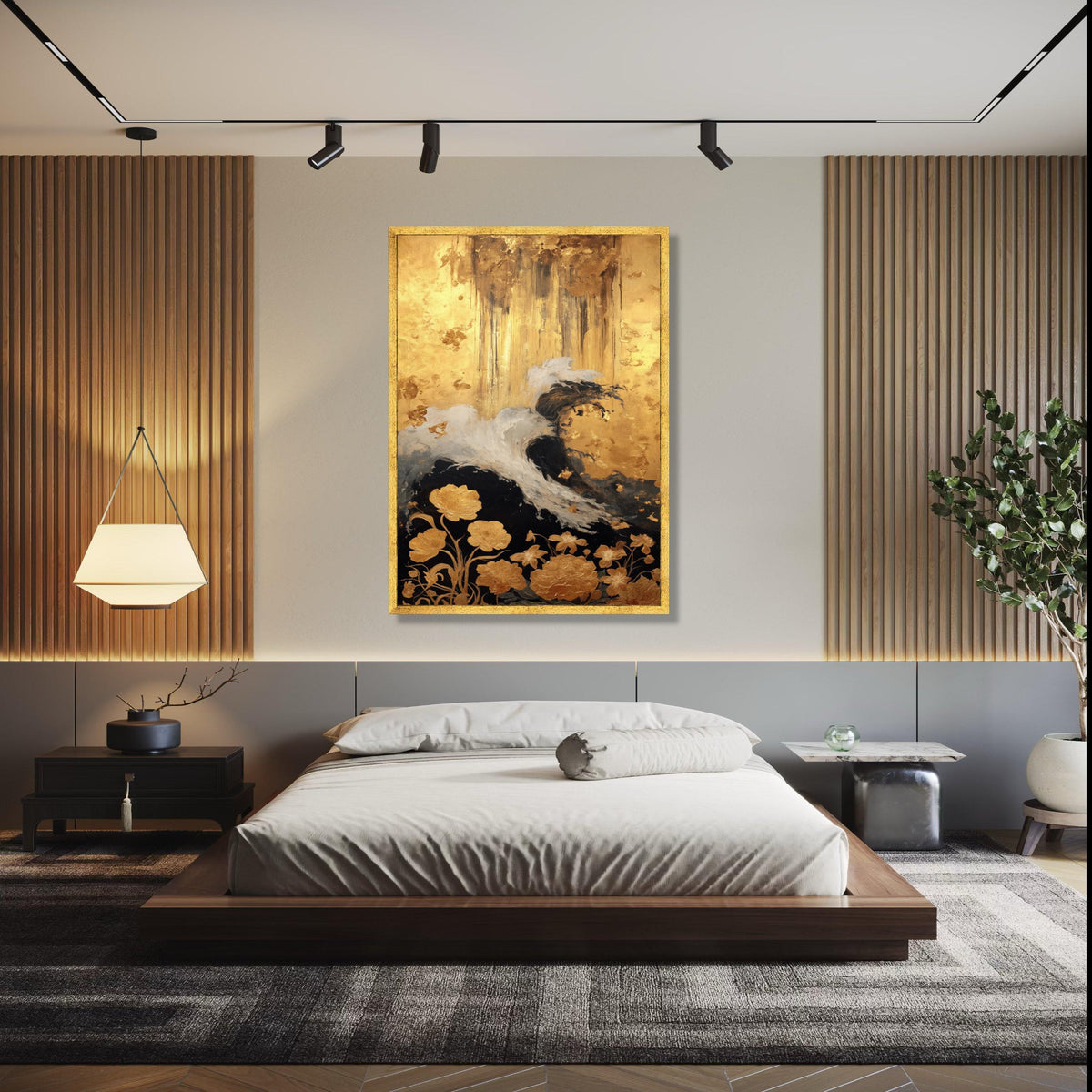 Elegant Abstract Gold and Black Floral Canvas, Modern Wall Art, Metallic Leaf Accent, Luxury Home Decoration, Gift Art, Home Decor, Print