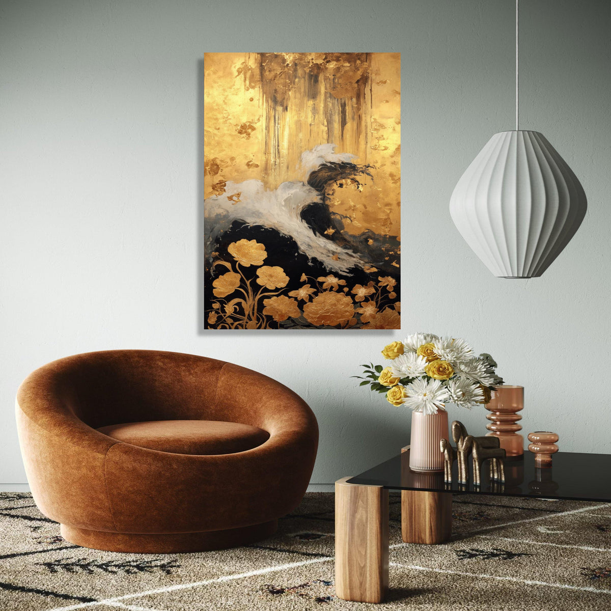 Elegant Abstract Gold and Black Floral Canvas, Modern Wall Art, Metallic Leaf Accent, Luxury Home Decoration, Gift Art, Home Decor, Print