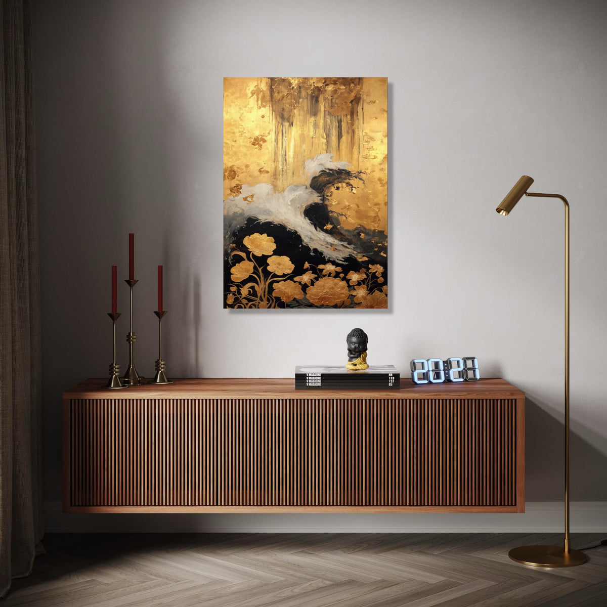 Elegant Abstract Gold and Black Floral Canvas, Modern Wall Art, Metallic Leaf Accent, Luxury Home Decoration, Gift Art, Home Decor, Print
