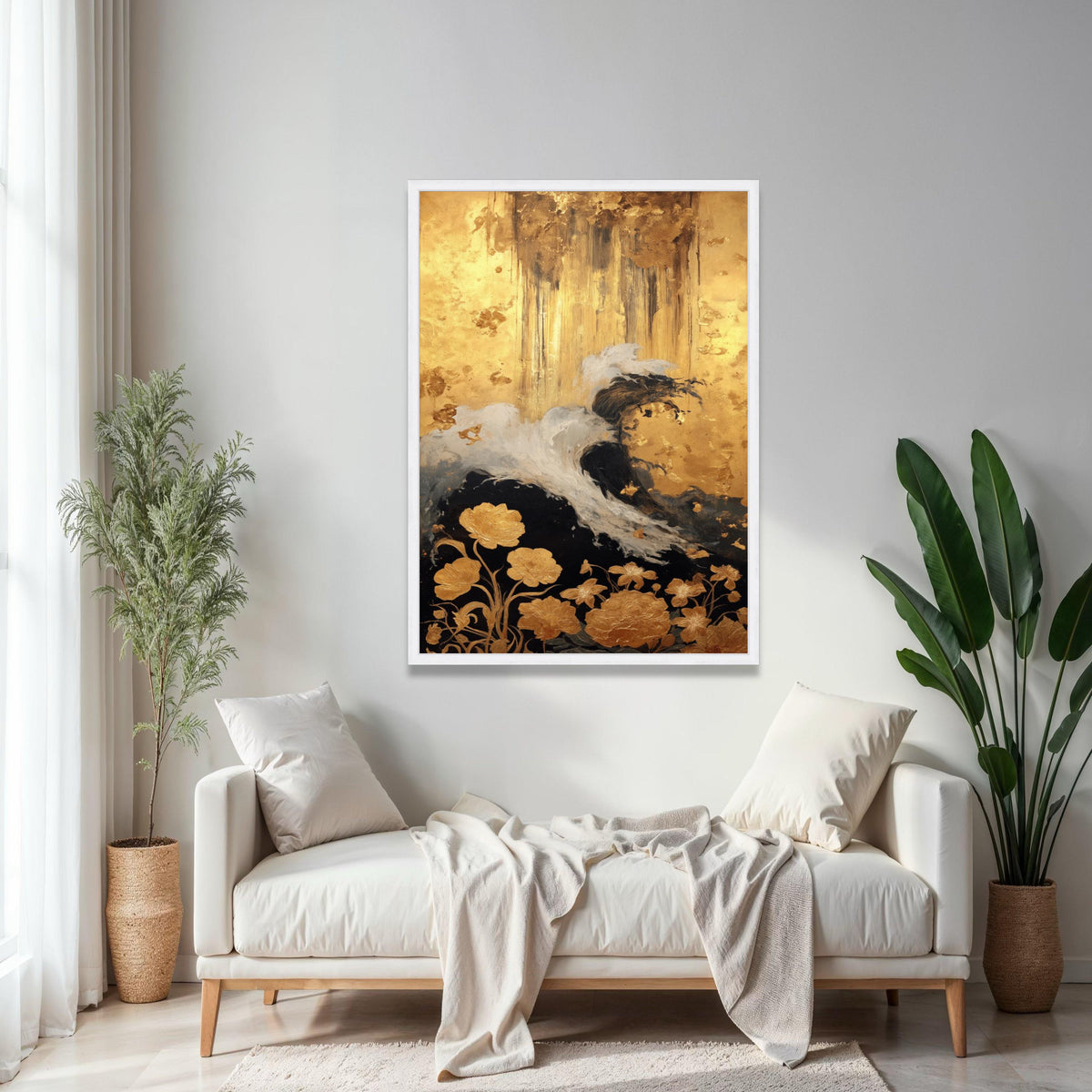 Elegant Abstract Gold and Black Floral Canvas, Modern Wall Art, Metallic Leaf Accent, Luxury Home Decoration, Gift Art, Home Decor, Print