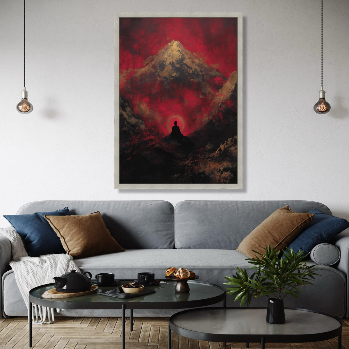 Meditative Silhouette with Mountain and Red Sky Canvas, Zen Spiritual Wall Art, Abstract Landscape Painting, Gift Art, Home Decor, Print