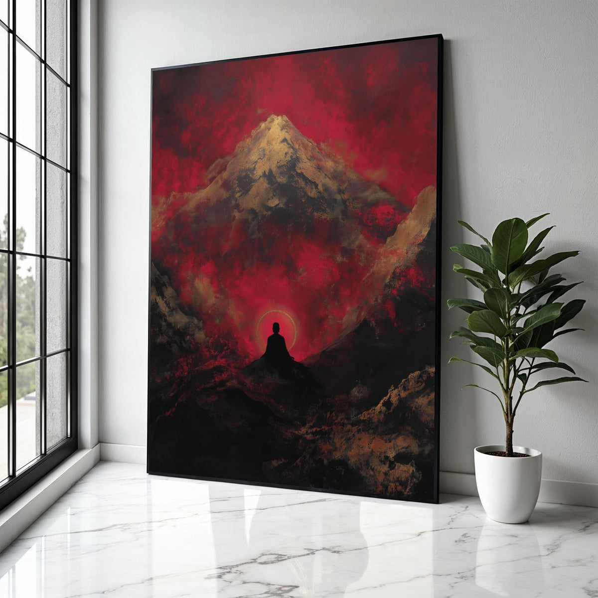 Meditative Silhouette with Mountain and Red Sky Canvas, Zen Spiritual Wall Art, Abstract Landscape Painting, Gift Art, Home Decor, Print