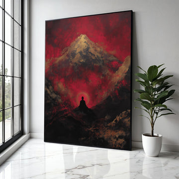 Meditative Silhouette with Mountain and Red Sky Canvas, Zen Spiritual Wall Art, Abstract Landscape Painting, Gift Art, Home Decor, Print