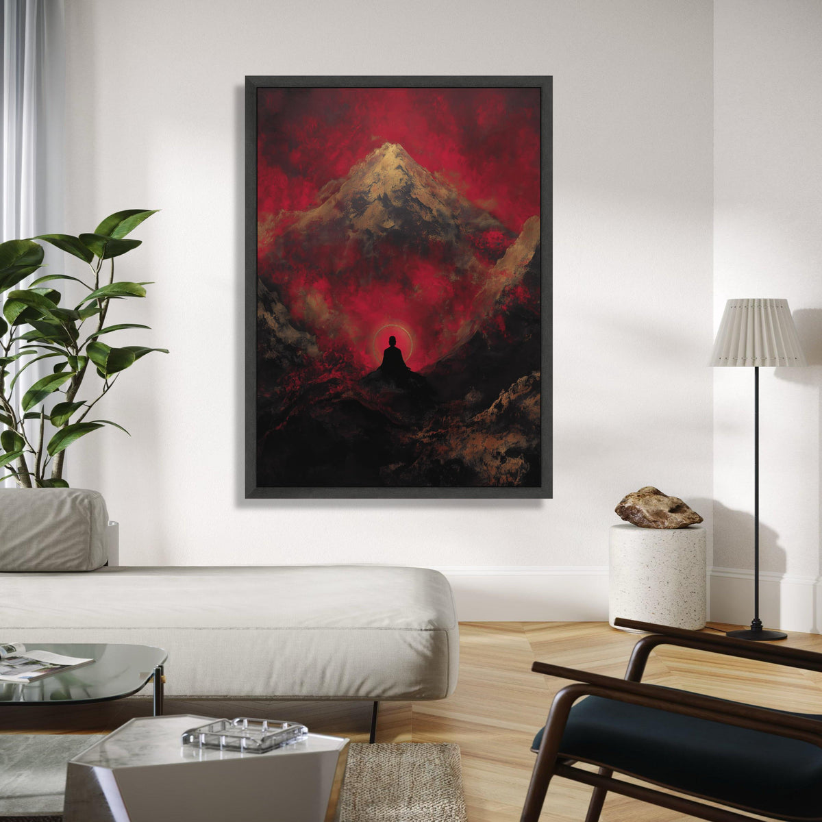 Meditative Silhouette with Mountain and Red Sky Canvas, Zen Spiritual Wall Art, Abstract Landscape Painting, Gift Art, Home Decor, Print