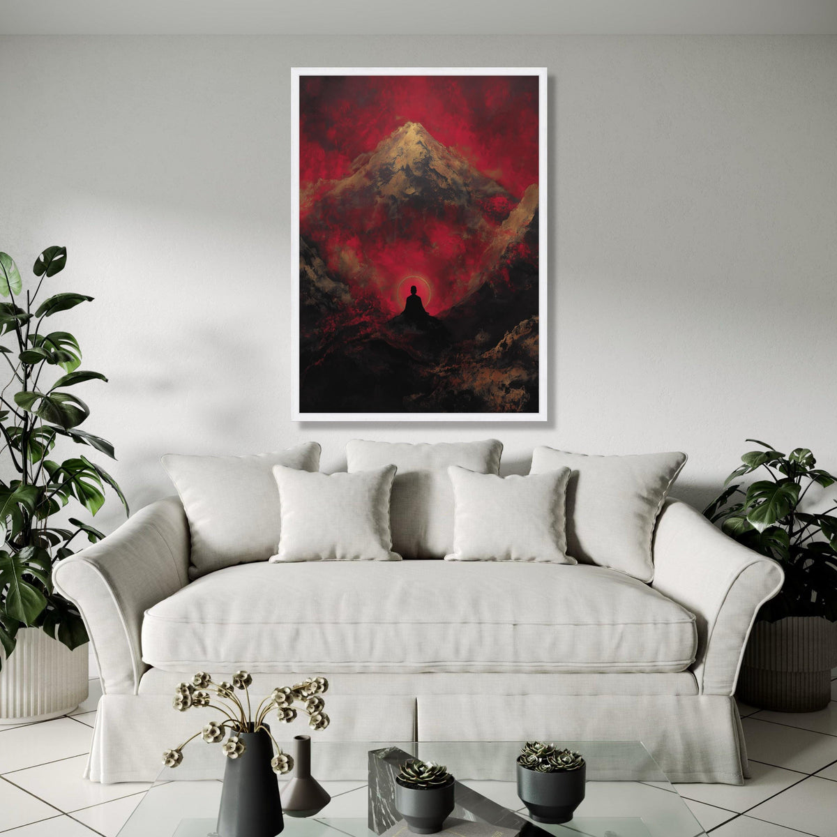 Meditative Silhouette with Mountain and Red Sky Canvas, Zen Spiritual Wall Art, Abstract Landscape Painting, Gift Art, Home Decor, Print