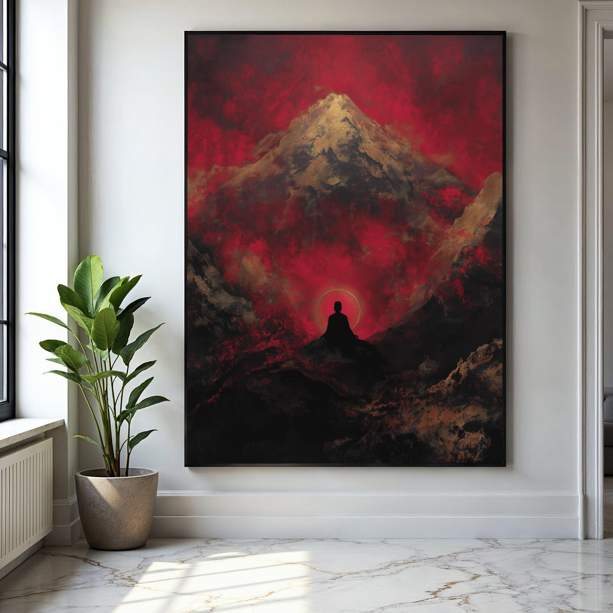 Meditative Silhouette with Mountain and Red Sky Canvas, Zen Spiritual Wall Art, Abstract Landscape Painting, Gift Art, Home Decor, Print