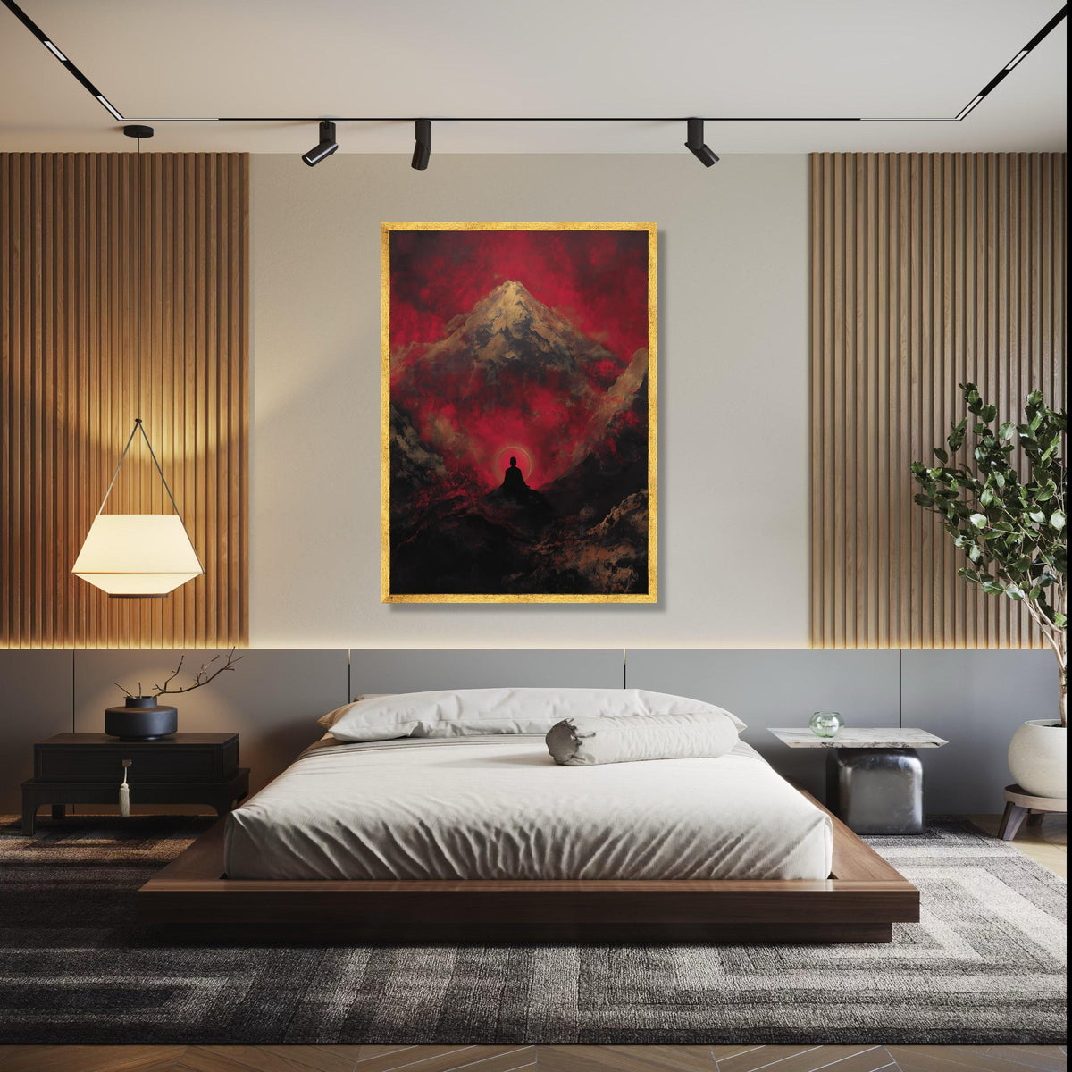 Meditative Silhouette with Mountain and Red Sky Canvas, Zen Spiritual Wall Art, Abstract Landscape Painting, Gift Art, Home Decor, Print