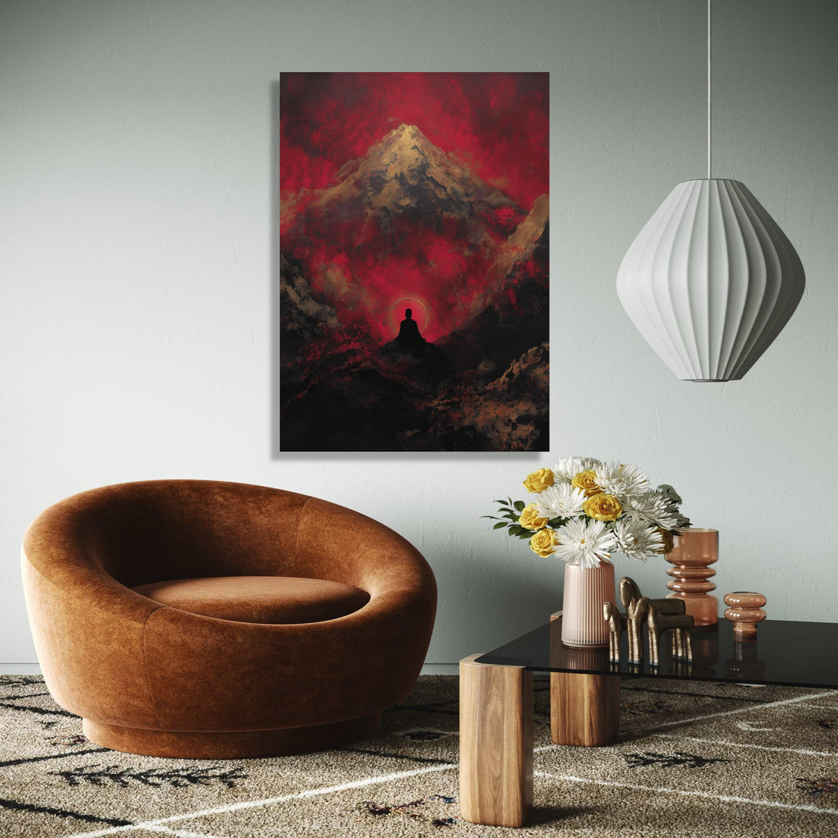 Meditative Silhouette with Mountain and Red Sky Canvas, Zen Spiritual Wall Art, Abstract Landscape Painting, Gift Art, Home Decor, Print