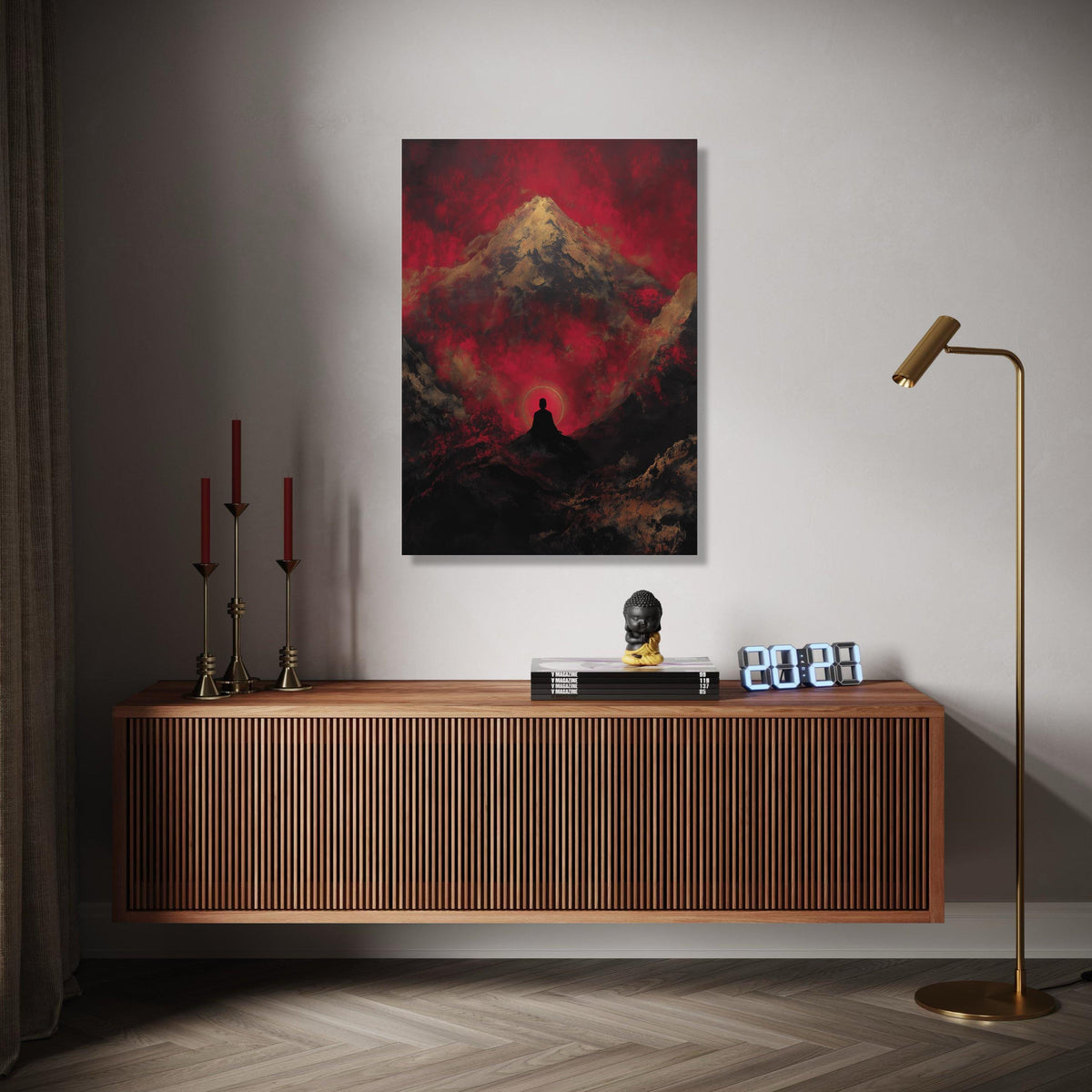 Meditative Silhouette with Mountain and Red Sky Canvas, Zen Spiritual Wall Art, Abstract Landscape Painting, Gift Art, Home Decor, Print