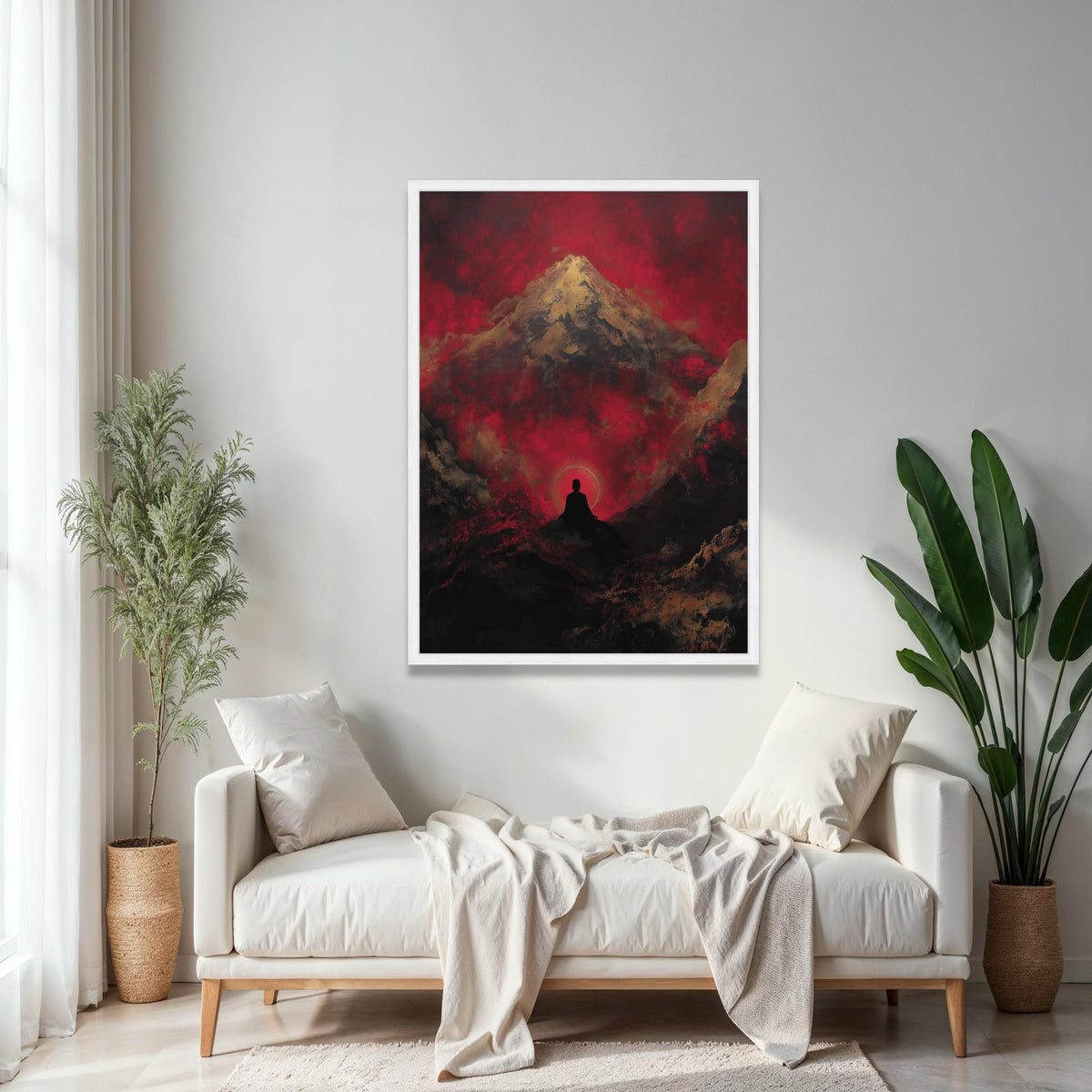 Meditative Silhouette with Mountain and Red Sky Canvas, Zen Spiritual Wall Art, Abstract Landscape Painting, Gift Art, Home Decor, Print
