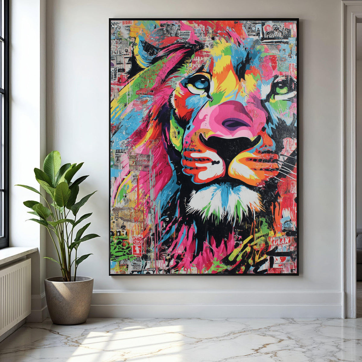 Vibrant Lion Face Canvas Wall Art, Colorful Animal Portrait, Abstract Wildlife Painting, Bold Modern Decor, Gift Art, Home Decor, Print
