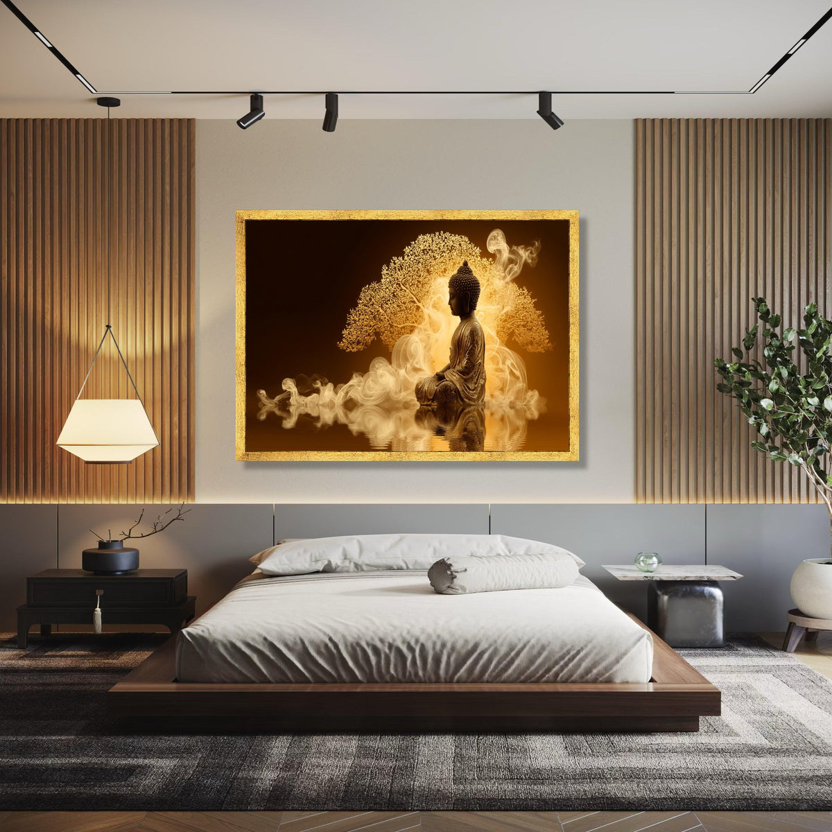Meditative Buddha Statue Canvas, Spiritual Wall Art, Golden Tree Background, Yoga and Zen Decor, Serene Home Gift Art, Home Decor, Print