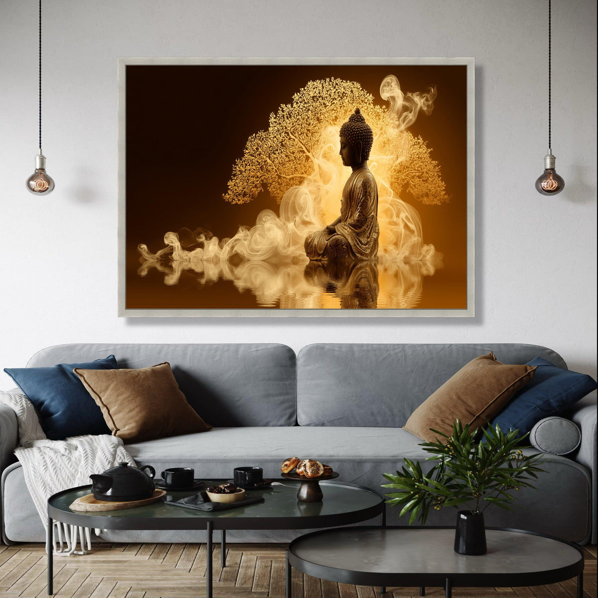 Meditative Buddha Statue Canvas, Spiritual Wall Art, Golden Tree Background, Yoga and Zen Decor, Serene Home Gift Art, Home Decor, Print
