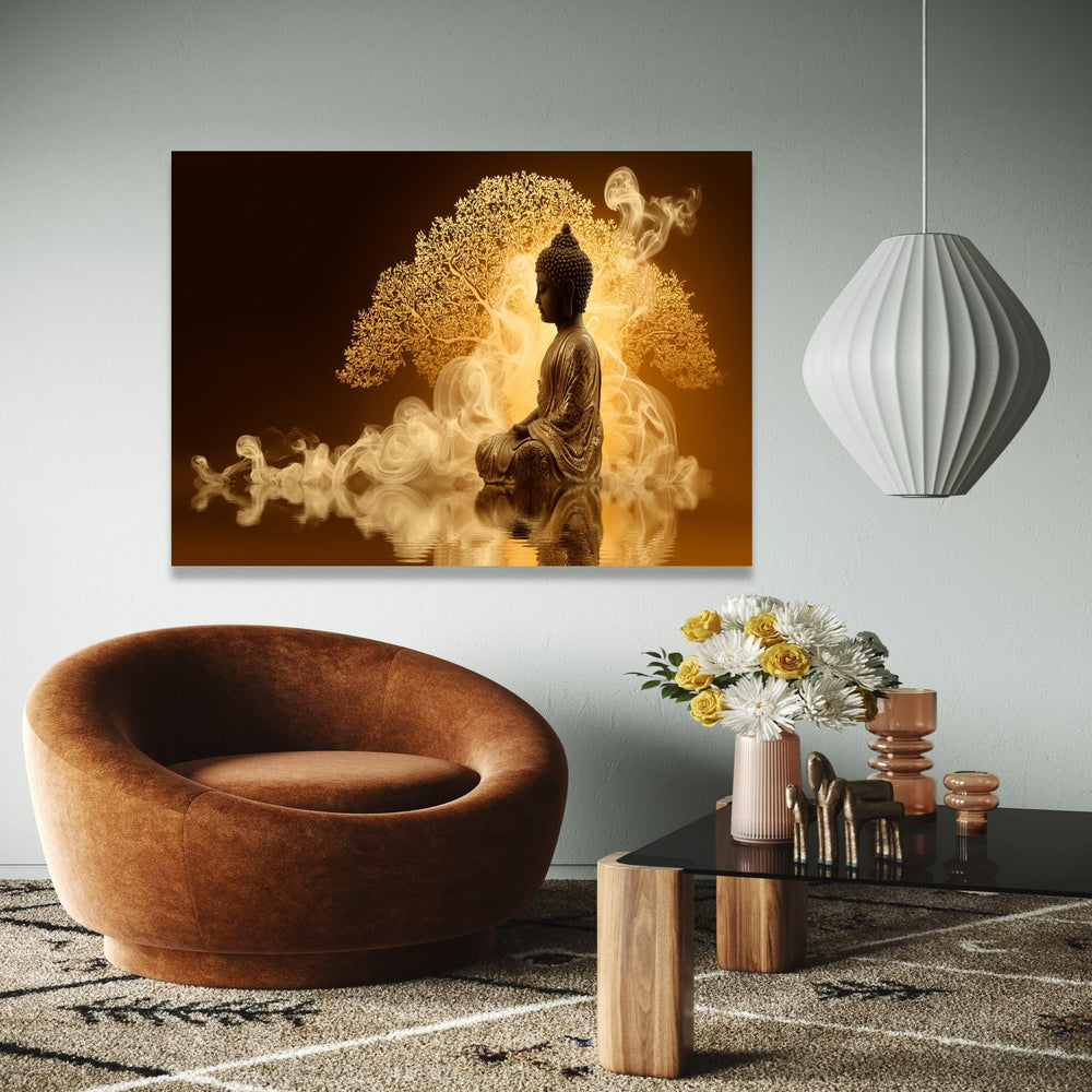 Meditative Buddha Statue Canvas, Spiritual Wall Art, Golden Tree Background, Yoga and Zen Decor, Serene Home Gift Art, Home Decor, Print